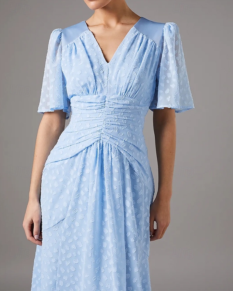 Himmelblau verbrannte Punkte Spitze A-Linie Mutter der Braut Kleid Elegant Einfach Hochzeitsgastkleid V-Ausschnitt Bodenlang Chiffon Spitze Kurzarm mit Raffung 2025 - $129.99 –P4