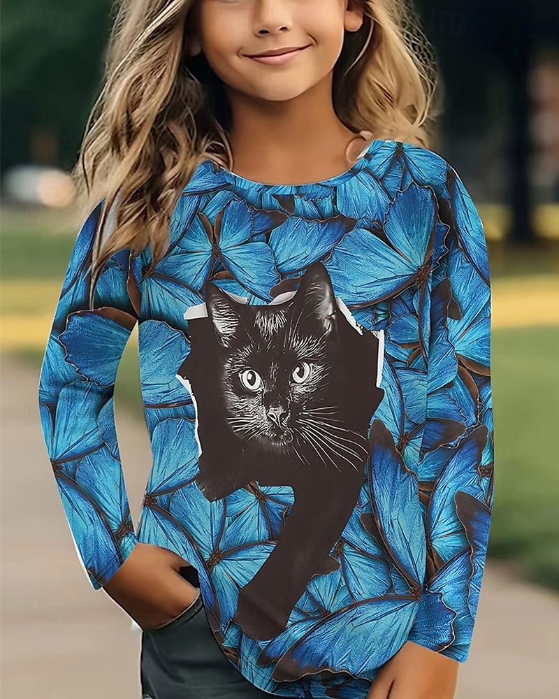 Flickor 3D Djur Katt T-shirt Långärmad Vår Höst Mode Grundläggande Barn 4-12 år Rund hals Utomhus Ledigt Dagligen Normal 2025 - $13.99 –P2