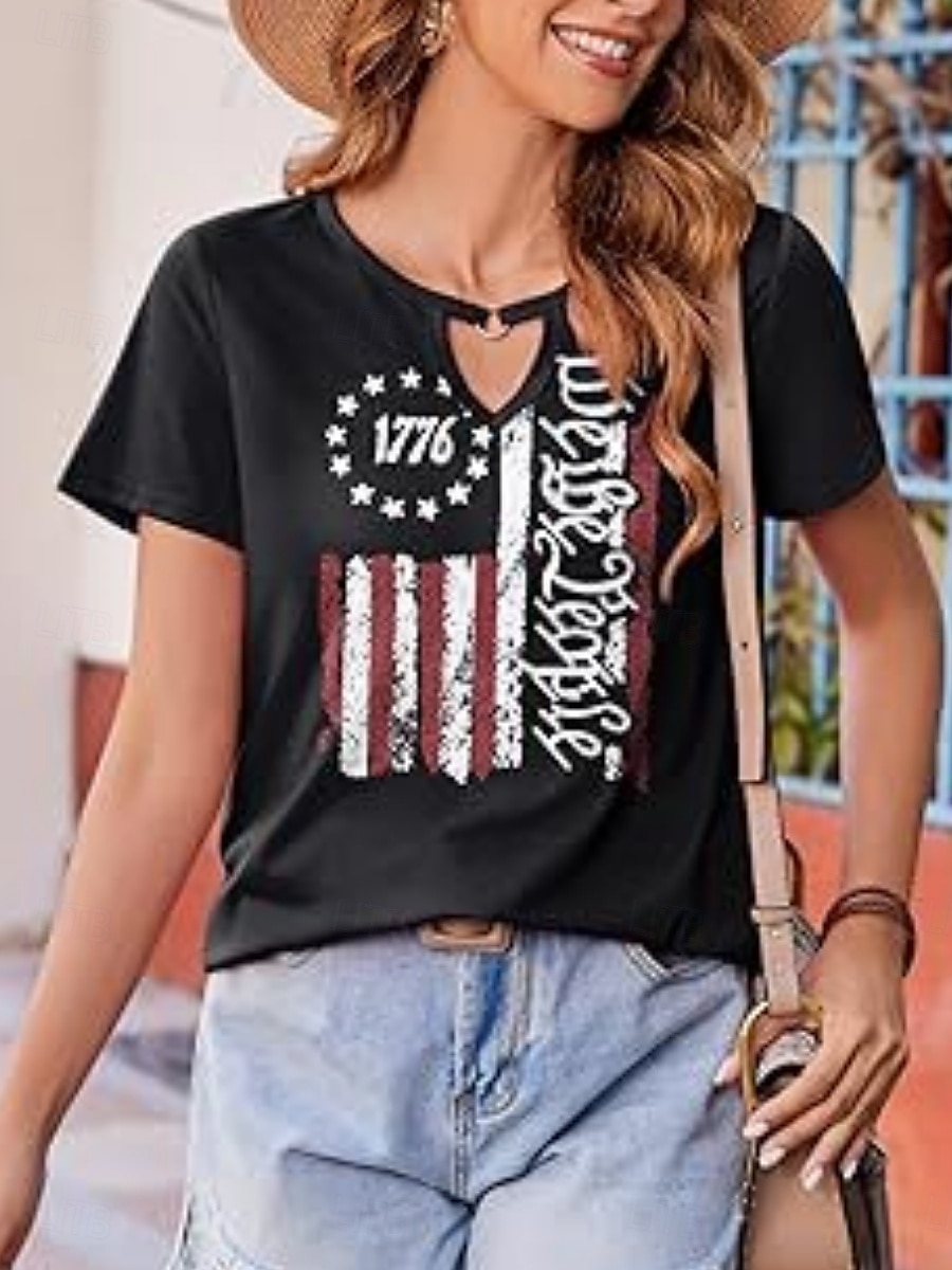 Vrouwen Blouse Vlag Stijlvol Casual Korte Mouw Crewneck Regelmatige Tops Dagelijks Print Zwart Rood Marineblauw Zomer 2025 - $19.99 –P9