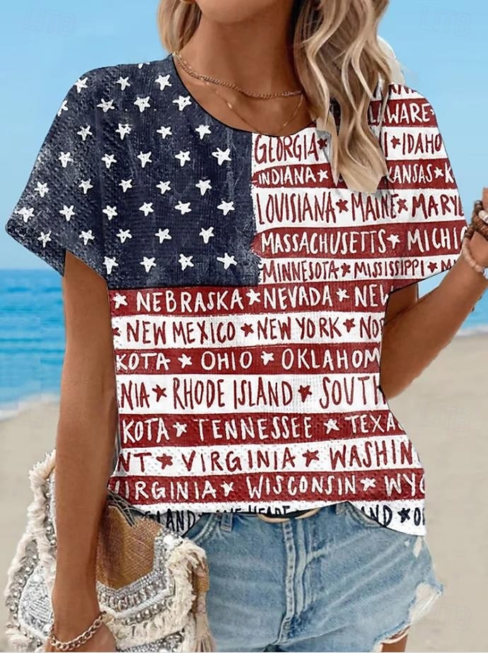 Ženské vlastenecké tričko s grafikou vintage styl klasické krátké rukávy crew neck kulatý výstřih běžné topy každodenní víkendový potisk bílé červené jemně modré světle modré 2025 - $19.99 –P1