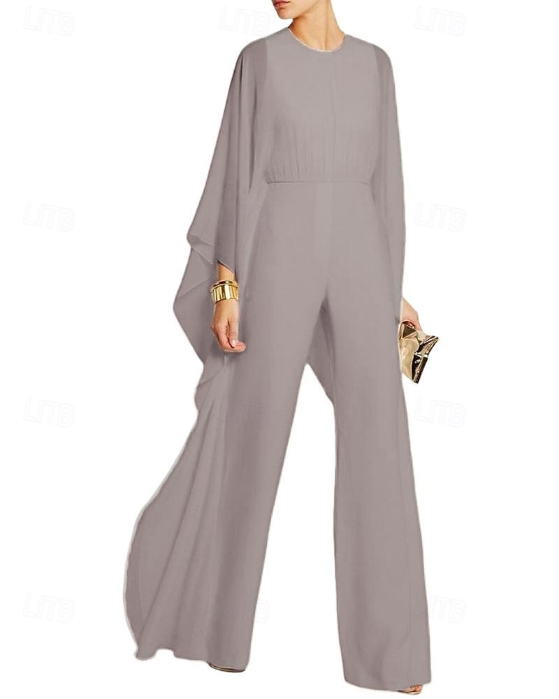 Combinaison cape  pantalon Robe mère de la mariée Élégante Simple Minimaliste Col rond Longueur de sol Chiffon Manches 3/4 avec fronces de 2025 ? $139.99 –P6