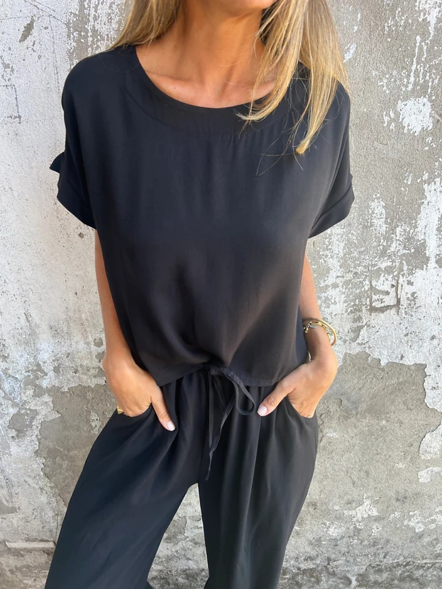Femmes Actif Basique Ensembles en coton et lin Manche Courte Col ras du cou Couleur Unie A Volants Décontracté Quotidien Noir Vert Véronèse Orange Été Coupe régulière de 2025 ? $32.99 –P5
