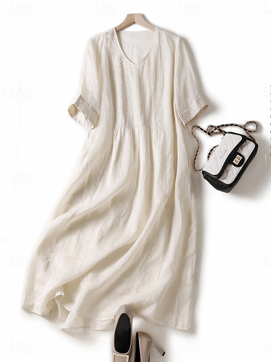 Rochie midi din bumbac și in pentru femei, rochie tip A, rochie de vară, casual, croială regulată, simplă, mânecă scurtă, guler rotund, alb, albastru, violet, verde, vară 2025 - $38.99 –P1