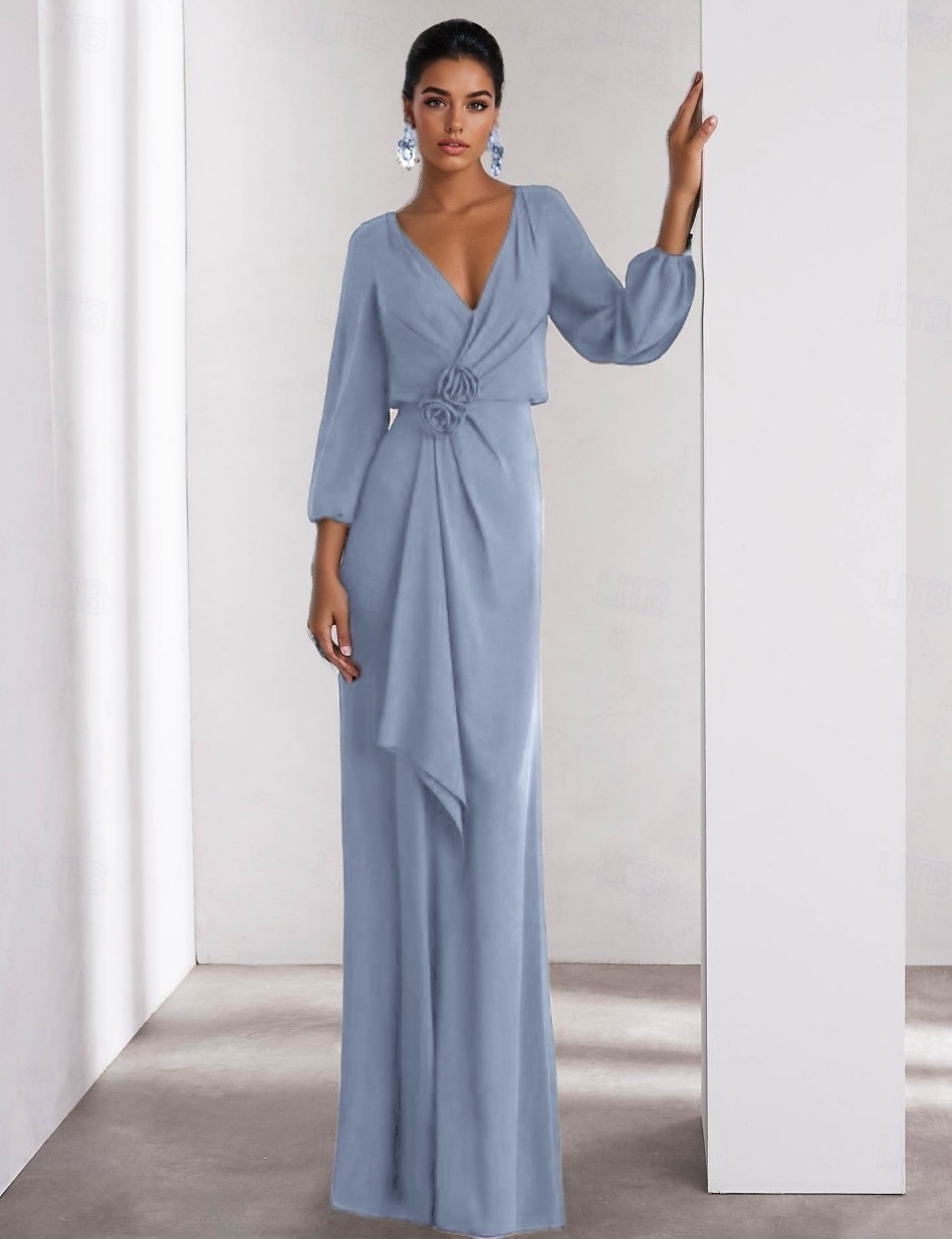 Linea ad A Abito da Sera Elegante Vestito Formale Matrimonio Lunghezza al pavimento Manica Lunga Scollo a V Crepe Elasticizzato con Volant 2025 del 2025 a $137.99 –P3