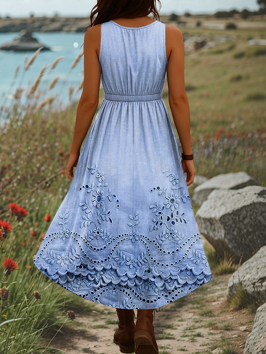 Damen Midikleid A Linie Kleid Sommerkleid Urlaub Lässig Boho Ausgehen Strand Normale Passform Blumen Grafik Ärmellos V Ausschnitt Blau Purpur Grün Khaki Sommer Frühling 2025 - $35.99 –P2