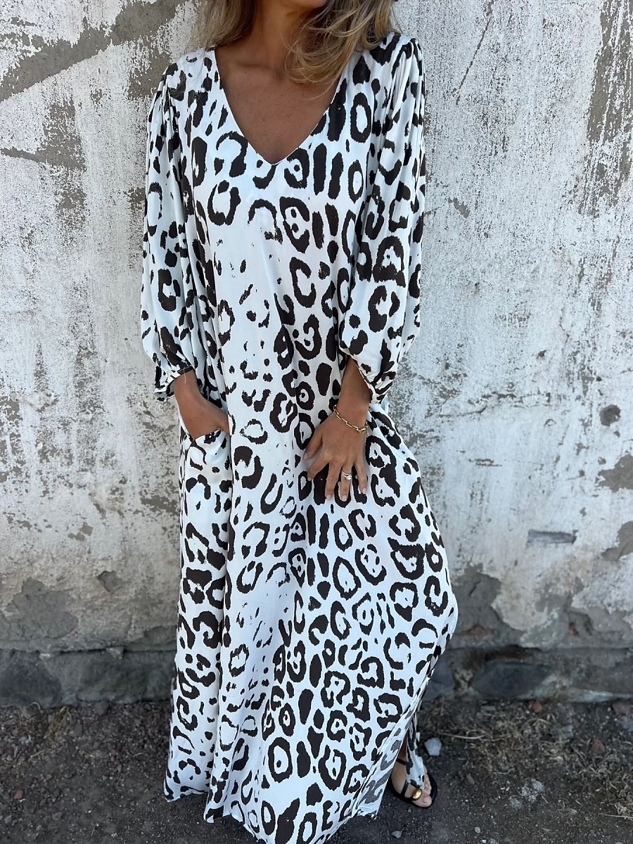 Damen Maxikleid A Linie Kleid Lässig Outdoor Ausgehen Normale Passform Leopard Langarm V Ausschnitt Weiß Himmelblau Dunkelgrün Grün Sommer 2025 - $21.99 –P1