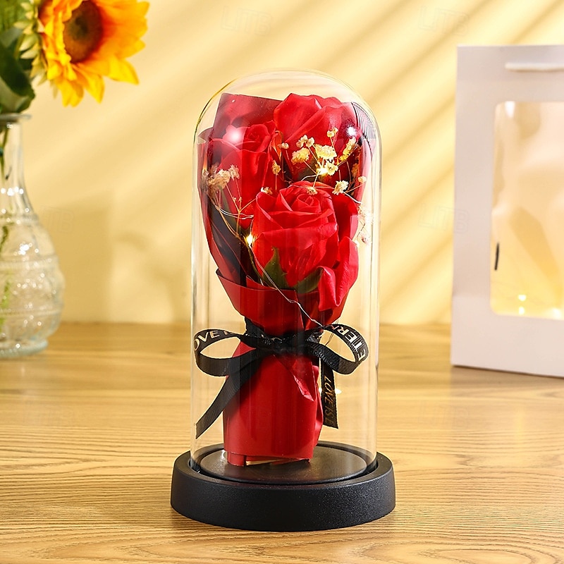El ramo de rosas eternas, regalo para mamá, flores de jabón preservadas en cúpula de vidrio con luz, decoración de cumpleaños del día de la madre para mujeres 2026 - $15.99 –P19