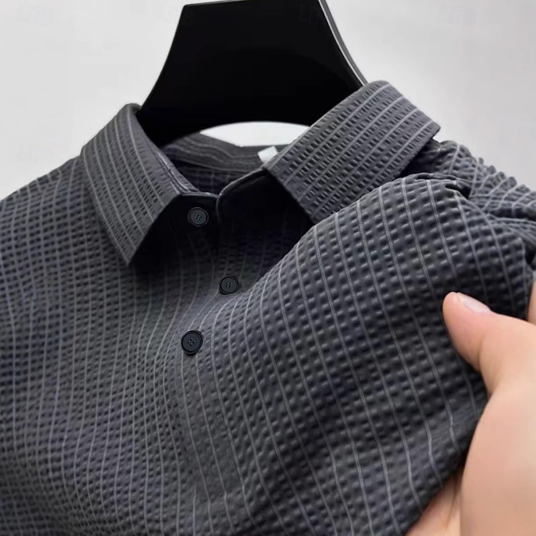 Men's Business Polo Golf Polos Shirts Work Business Lapel Ribbed Polo Collar Short Sleeve Basic Modern Stripes Textured Buttons Knitted Spring & Summer Regular Fit Black White Navy Blue Gray Business 2025 - $22.99 –P4