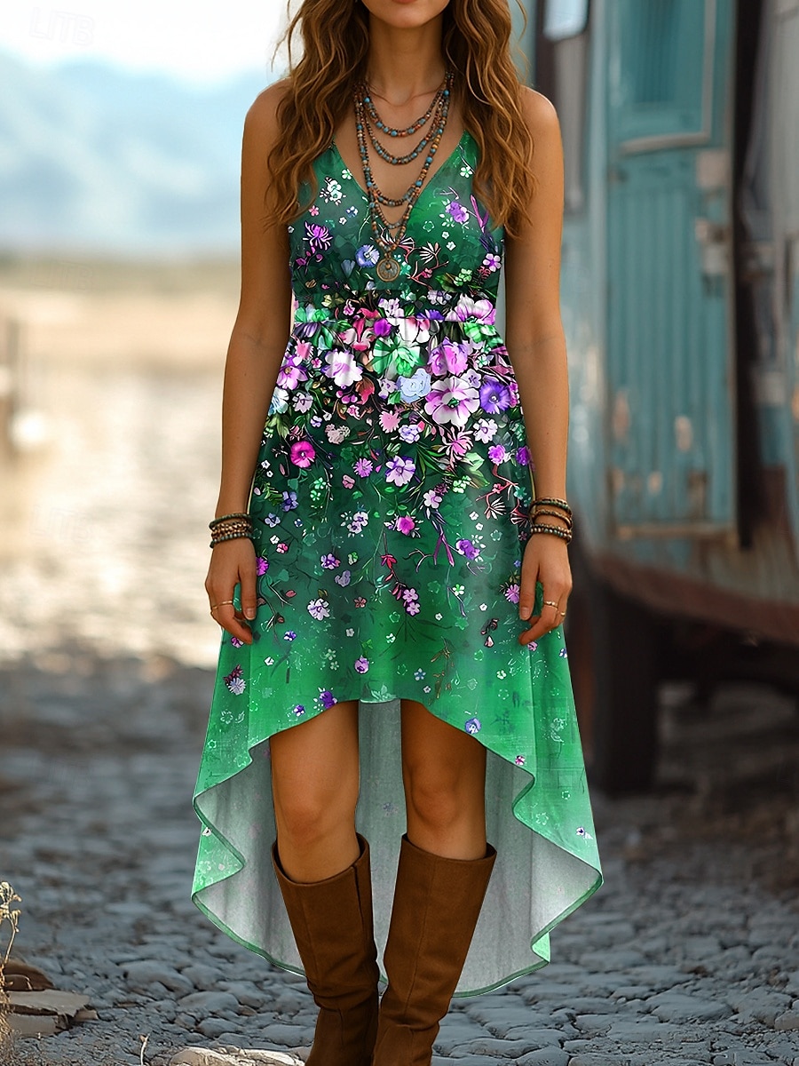 Per donna Abito Midi Abito a trapezio Abito Estivo Casual Boho Uscire Spiaggia Vestibilità regolare Ombre Floreale Grafico Senza Maniche Scollo a V Rosso Blu Viola Verde Estate Primavera del 2025 a $35.99 –P5
