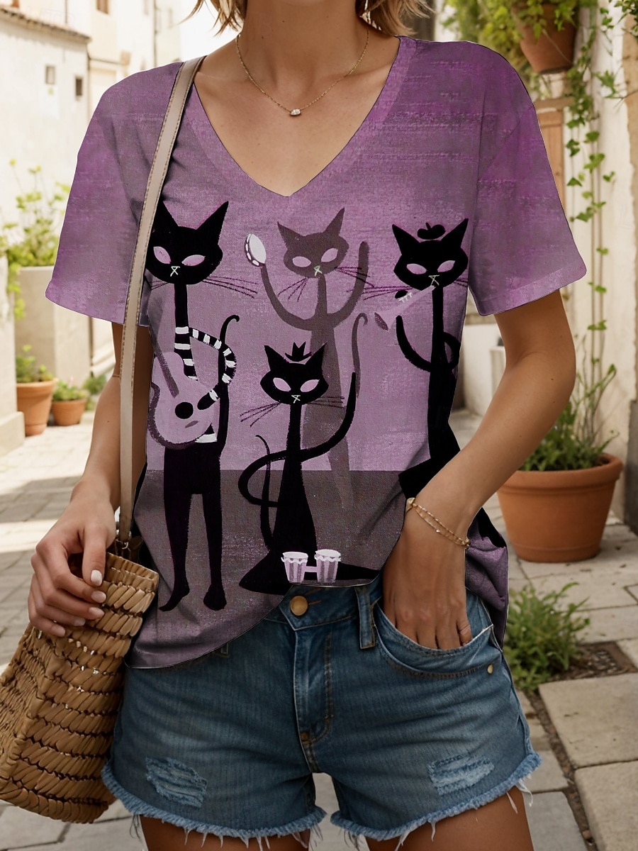 Femmes T-shirt Graphique Animal Chat ancien Élégant Classique Manche Courte Col en V Hauts Réguliers Quotidien Imprimé Rose poussiéreuse Marron clair Bleu Violet Vert Été Printemps de 2025 ? $19.99 –P1