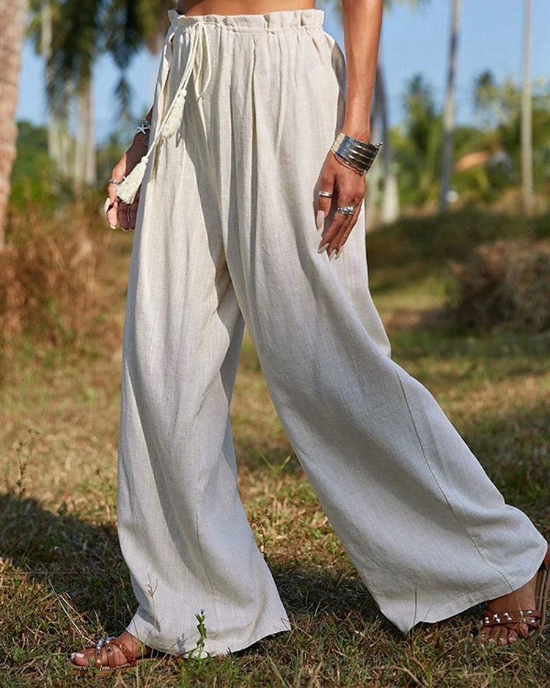 Women's Cotton Linen Pants Slacks Streetwear Casual Full Length Natural Plain Pocket Elastic Drawstring Design Comfy Outdoor Vacation Going out Orange Beige Summer Regular Fit 2025 - $31.99 –P2