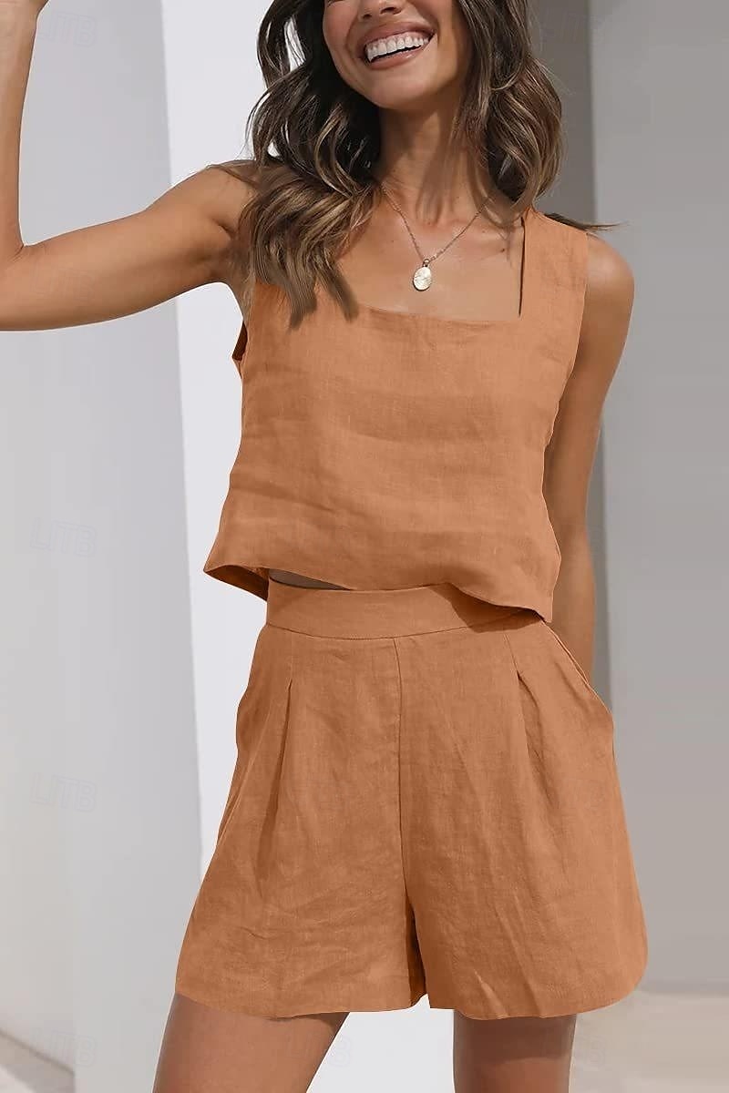 Femmes Actif Basique Ensembles en coton et lin Sans manches Col carré Couleur Unie Décontracté Quotidien Noir Rose Claire Vert Véronèse Été Coupe régulière de 2025 ? $25.99 –P7