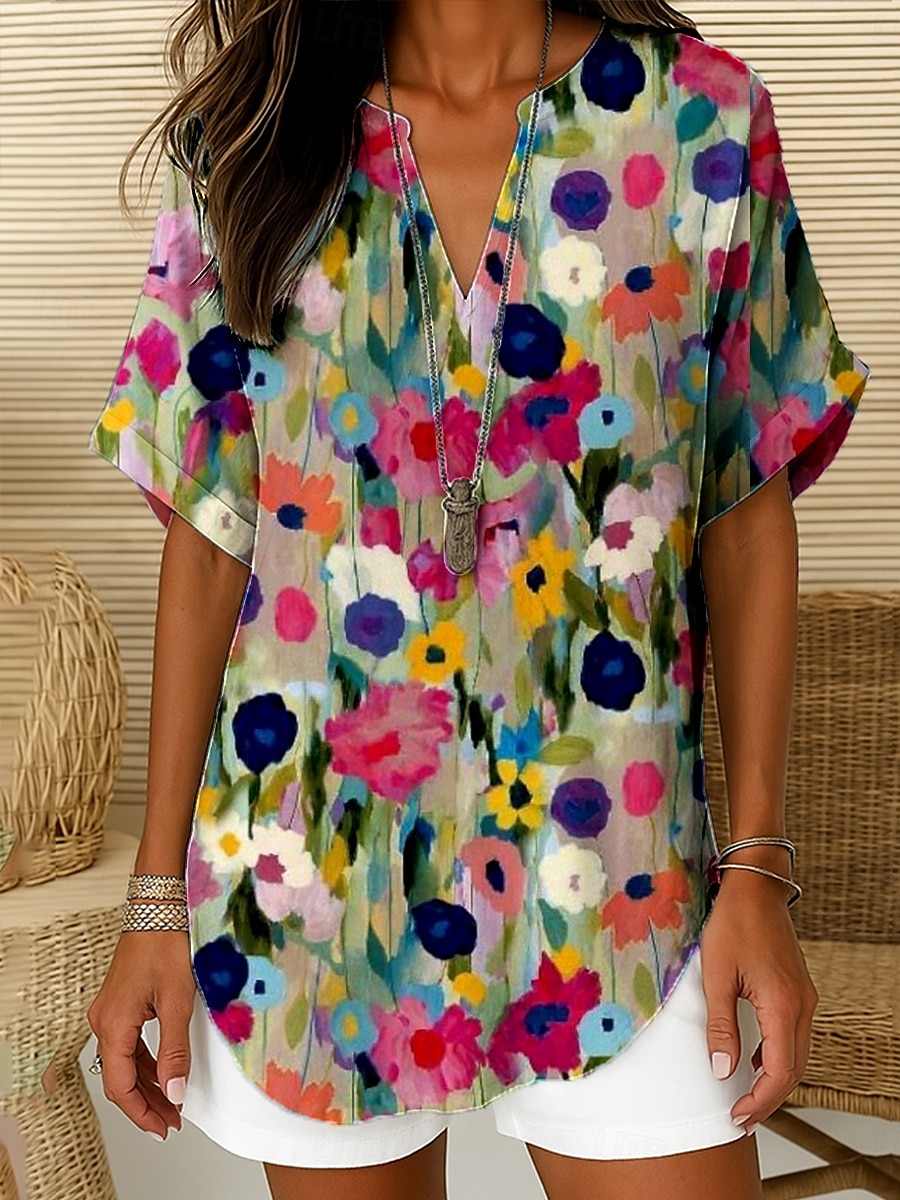 Femmes Chemisier A Ombre Fleuri Rayé Élégant Quotidien Ethnique Manche Courte Col en V Encolure en V Hauts Réguliers Quotidien Fête Sortir Bleu Denim Vert cendré Blanche Vert Claire Bleu Poudré Été de 2025 ? $23.99 –P1