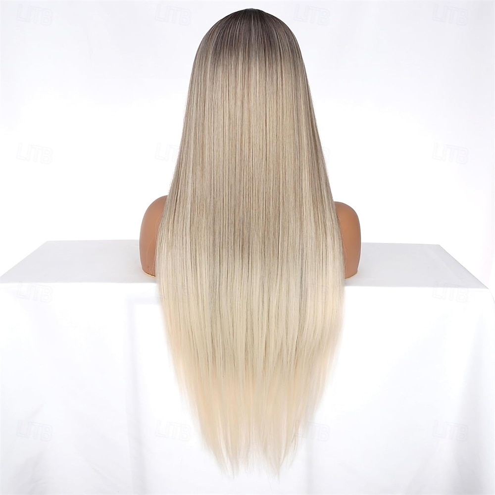 Peruca loira ombré longa de aparência natural com raízes castanhas, sem cola, para mulheres, cabelo sintético liso e sedoso, resistente ao calor, 28 polegadas de 2025 por $27.99 –P4