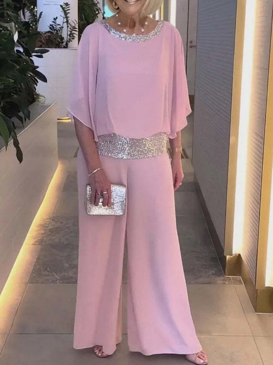 Ensembles de pantalons de mode 2 pièces pour femmes vêtements de rue quotidiens manches 3/4 col rond couleur unie sequins patchwork décontracté quotidien noir blanc rose été coupe régulière de 2025 ? $37.99 –P4