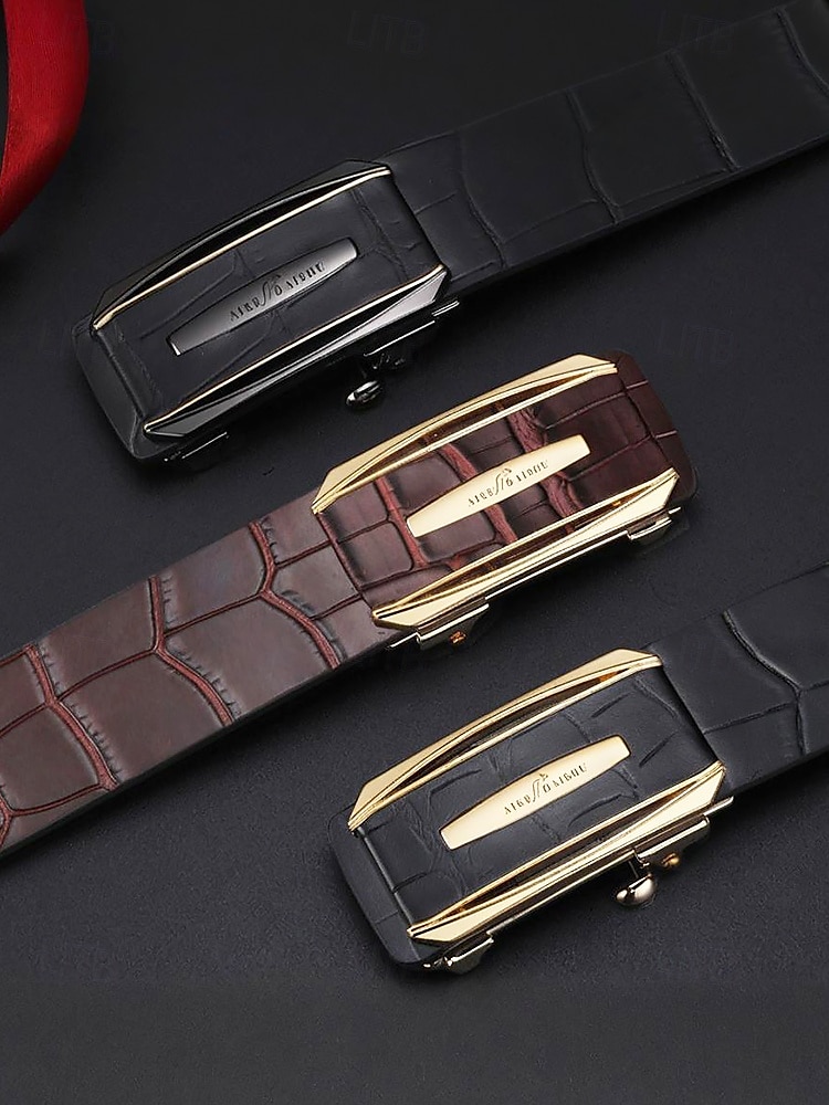 Cintura da uomo in vera pelle con fibbia automatica e cricchetto - classico motivo coccodrillo, stile elegante, adatta per matrimoni, affari e occasioni formali del 2025 a $26.99 –P3