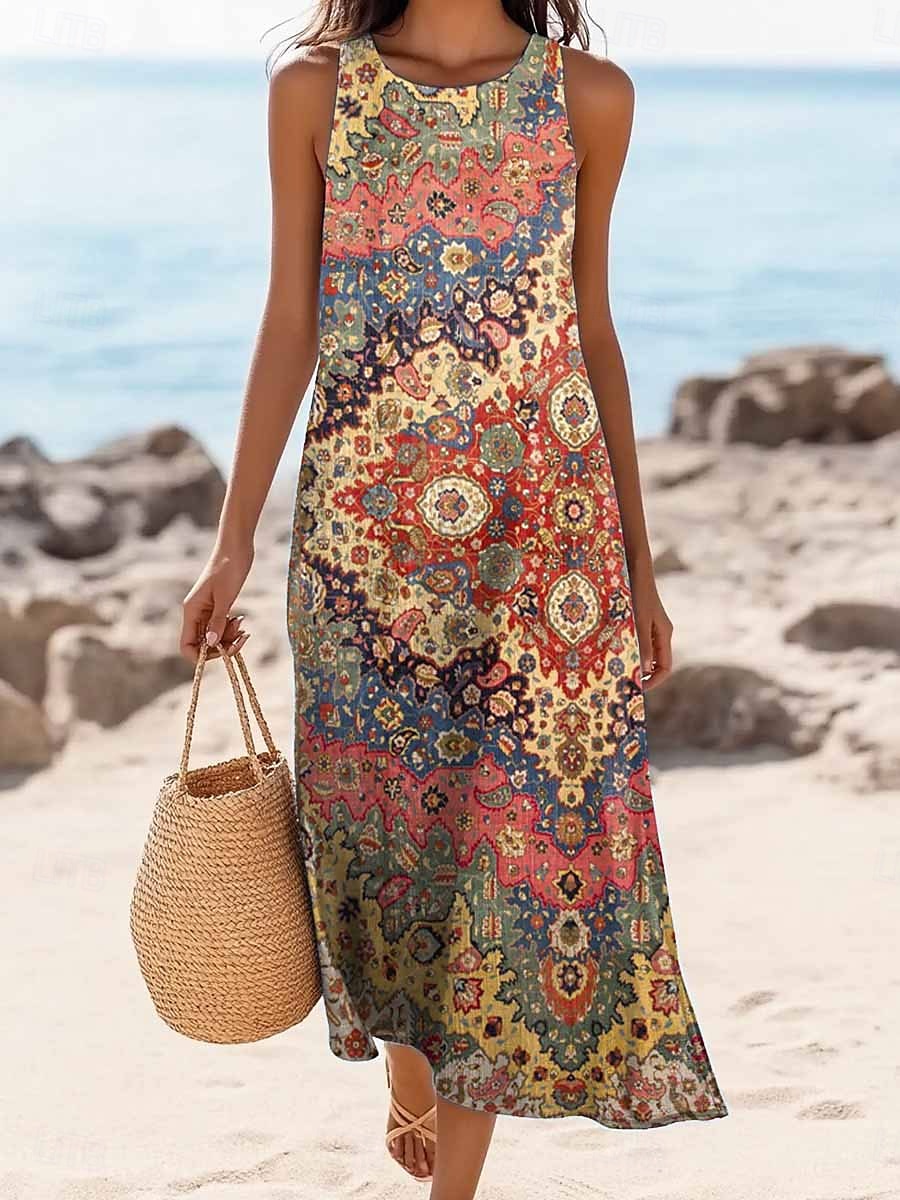 Femmes Robe maxi Robe d'Été Robe fourreau Robe à épaules dénudées Occasionnel Sortir Plage Coupe régulière Graphique Tribal Sans manches Col en V Rouge orangé Été Printemps de 2025 ? $36.99 –P1