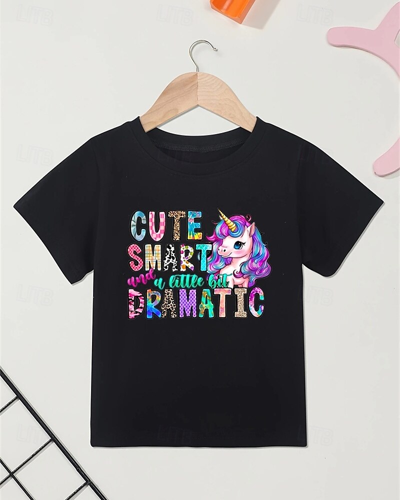 100% Cotton Kids Girls' Black Unicorn Letters T shirt Tee Crew Neck Short Sleeve Outdoor Vacation Daily Classic Casual Print Summer 2025 - $13.99 –P2