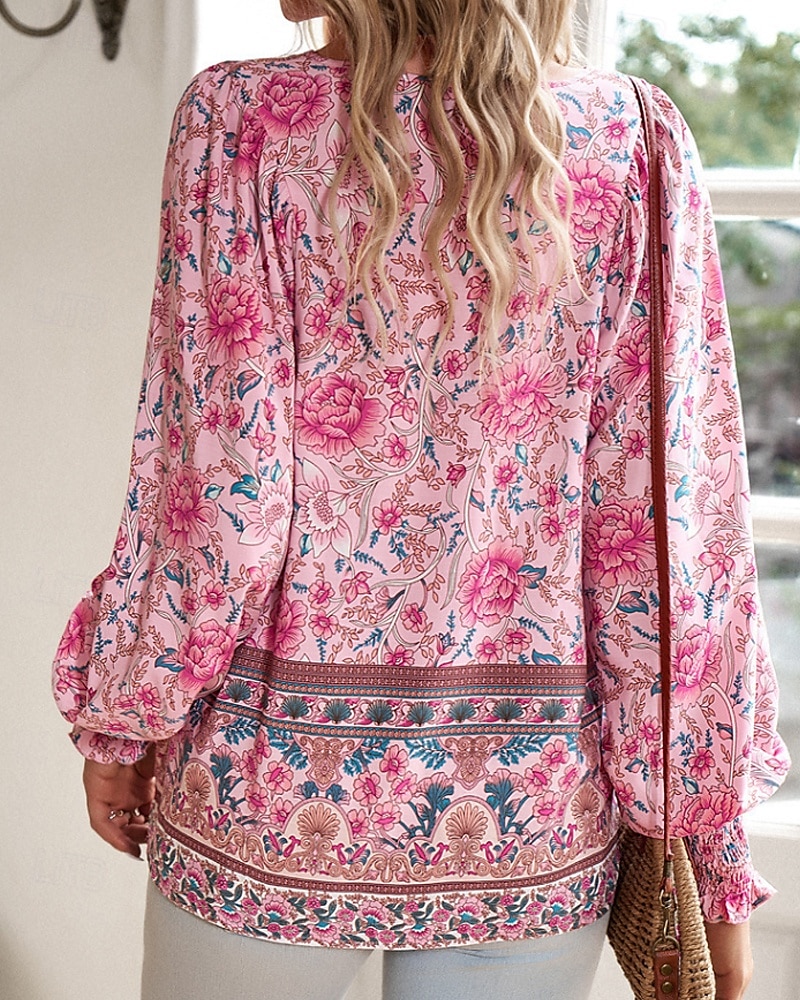 Women's Boho Shirt Blouse Flower Modern Boho Long Sleeve V Neck Regular Tops Daily Going out Print Yellow Pink Navy Blue Blue Orange Summer 2025 - $22.99 –P8