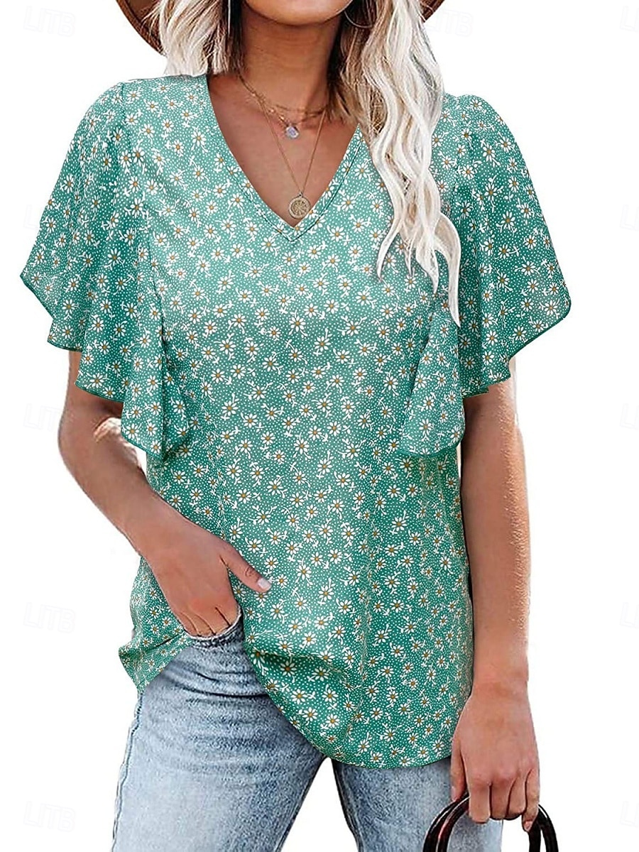 Femmes T-shirt Fleuri Mode Élégant Moderne Manche Courte Col en V Hauts Réguliers Quotidien Week-end Jaune Rose Claire Rouge Vert Été de 2025 ? $16.99 –P8