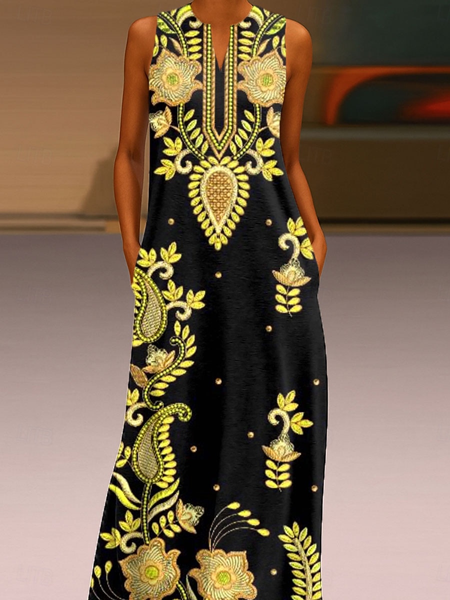 Women's Maxi Dress Sundress A Line Dress Summer Dress Vacation Casual Boho Daily Holiday Loose Fit Graphic Paisley Tribal Sleeveless Crew Neck V Neck Yellow Summer 2025 - $36.99 –P2