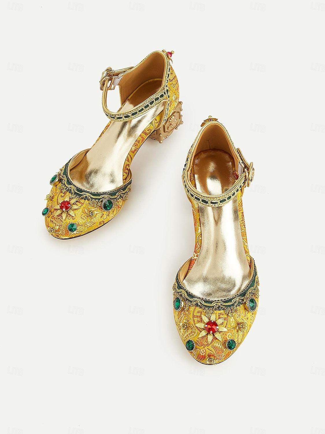 Tacones de bloque bordados barrocos de mujer estilo real dorado inspirado en el Gatsby de los años 1920 con adornos de piedras preciosas para ocasiones formales escénicas y de vestuario 2026 - $129.99 –P4