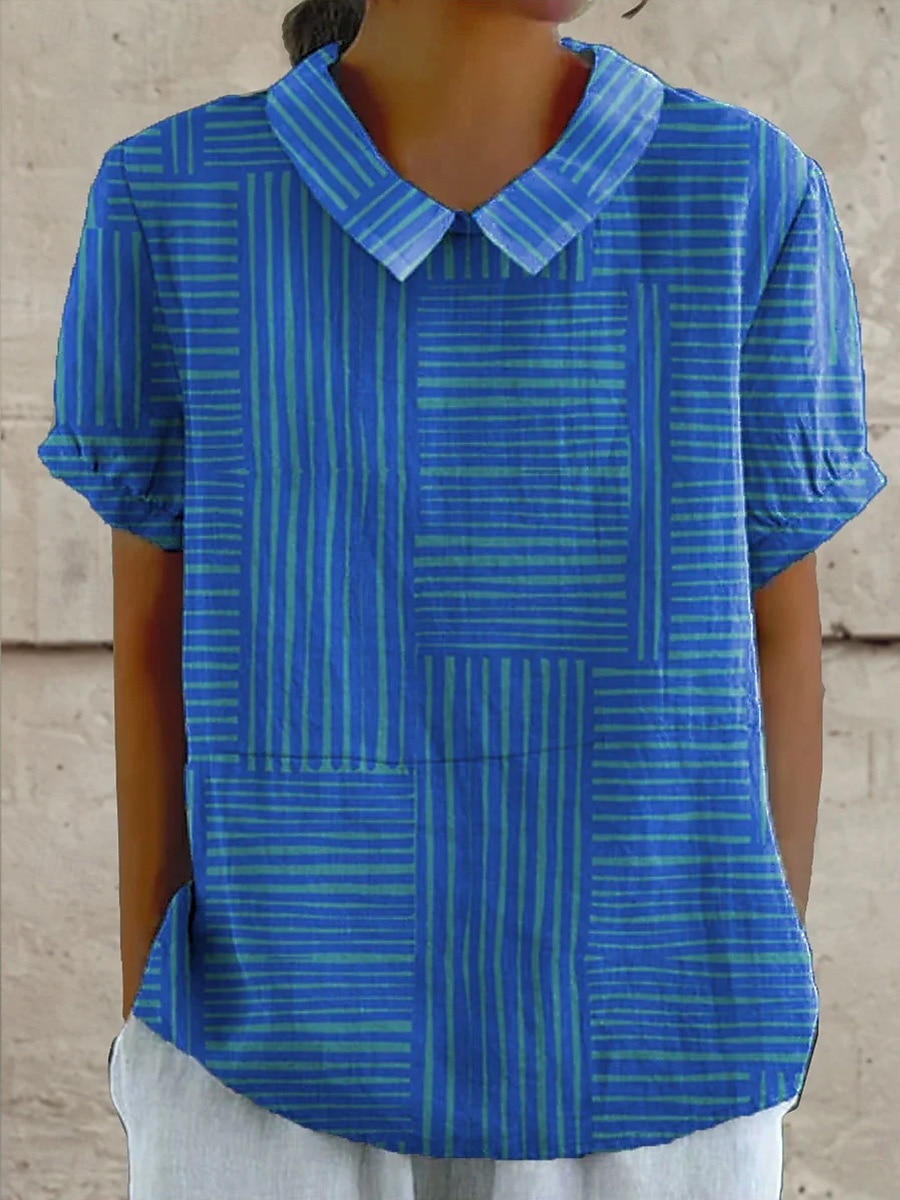 Women's Blouse Graphic Geometric Striped Elegant Daily Stylish Short Sleeve Shirt Collar Regular Tops Work Daily Holiday Buttons Blue Orange Green Summer Spring 2025 - $23.99 –P2