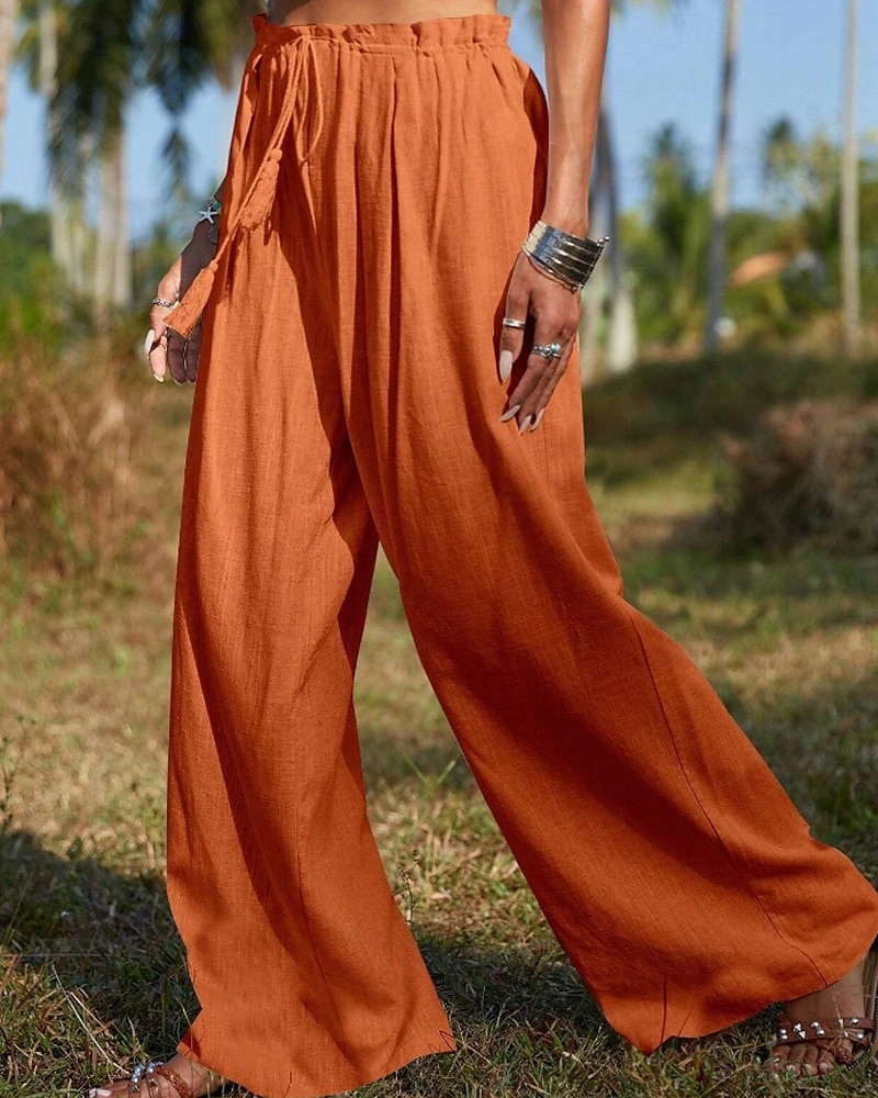 Women's Cotton Linen Pants Slacks Streetwear Casual Full Length Natural Plain Pocket Elastic Drawstring Design Comfy Outdoor Vacation Going out Orange Beige Summer Regular Fit 2025 - $31.99 –P6