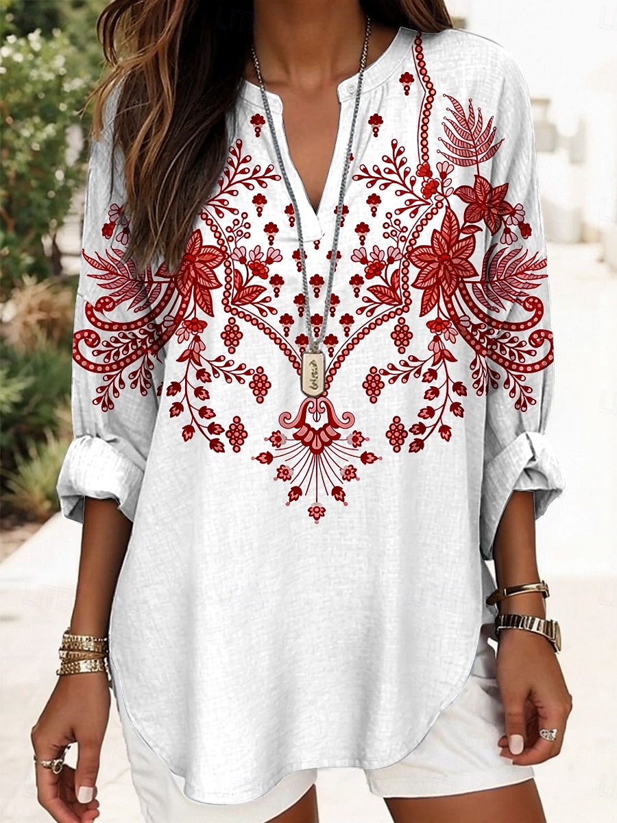 Dame Bluse Blomstret Grafisk Årgang Strandstil Langermet V-hals Vanlige topper Daglig Ferie Trykt mønster Hvit Rød Marineblå Lilla Grønn Sommer Vår 2025 - $24.99 –P4