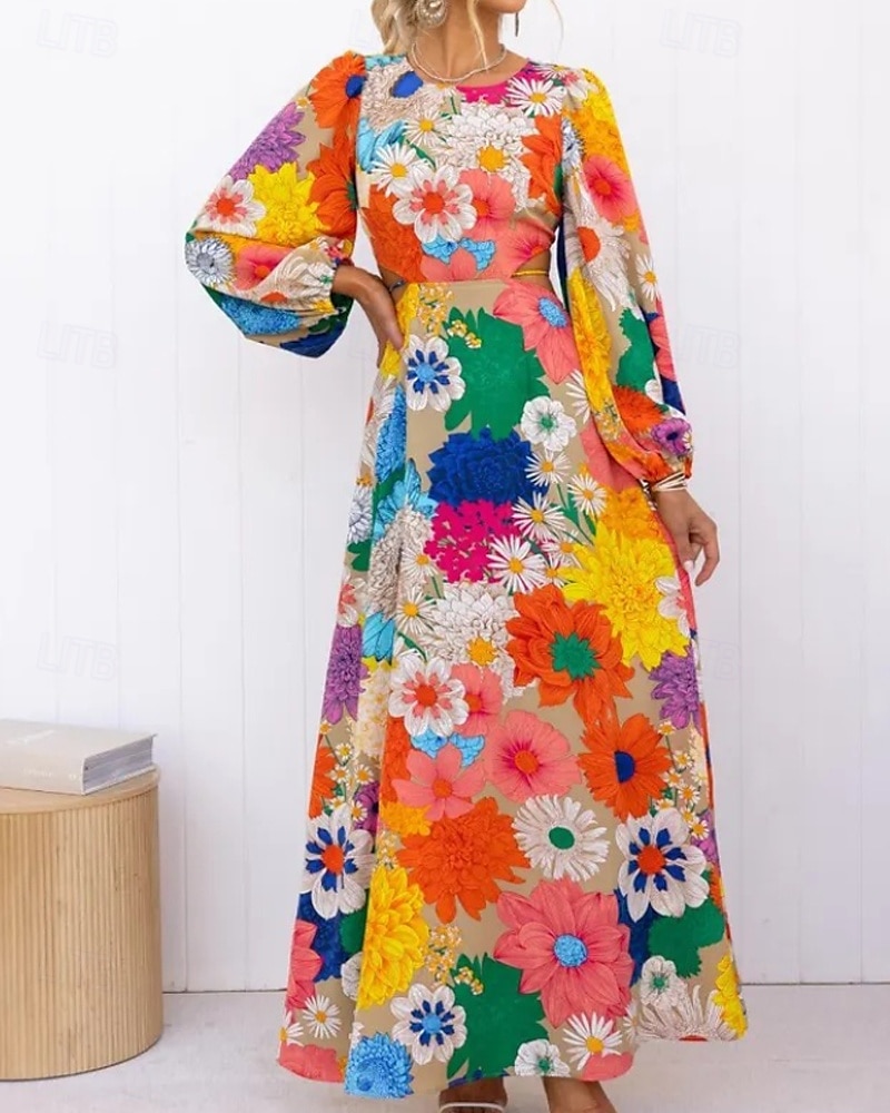 Damskie Długa sukienka sukienka maxi Sukienka w kwiatki Sukienka Boho Sukienka z nadrukiem Moda Klasyczny Nowoczesny Na zewnątrz Urlop Święto Regularny Kwiat Długi rękaw Półgolf Żółty Lato 2025 - $28.99 –P1