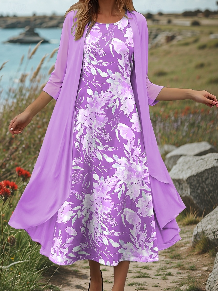 Pentru femei Set de rochii Rochie de schimb Rochie de vară Casual Floral Grafic Imprimeu Rochii Midi Lungime Manșon 3/4 Stil Nautic Zilnic Roz Îmbujorat Albastru piscină Mov Vară Primăvară Fit regulat 2025 - $36.99 –P4