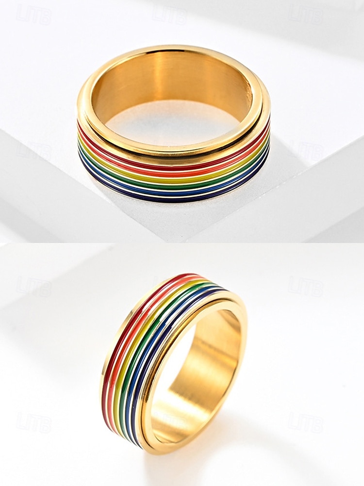 Anello girevole arcobaleno LGBT da uomo - anello in acciaio inossidabile con design twist, accessorio alla moda per festival, abbigliamento quotidiano e celebrazioni LGBTQ+ del 2025 a $11.99 –P6