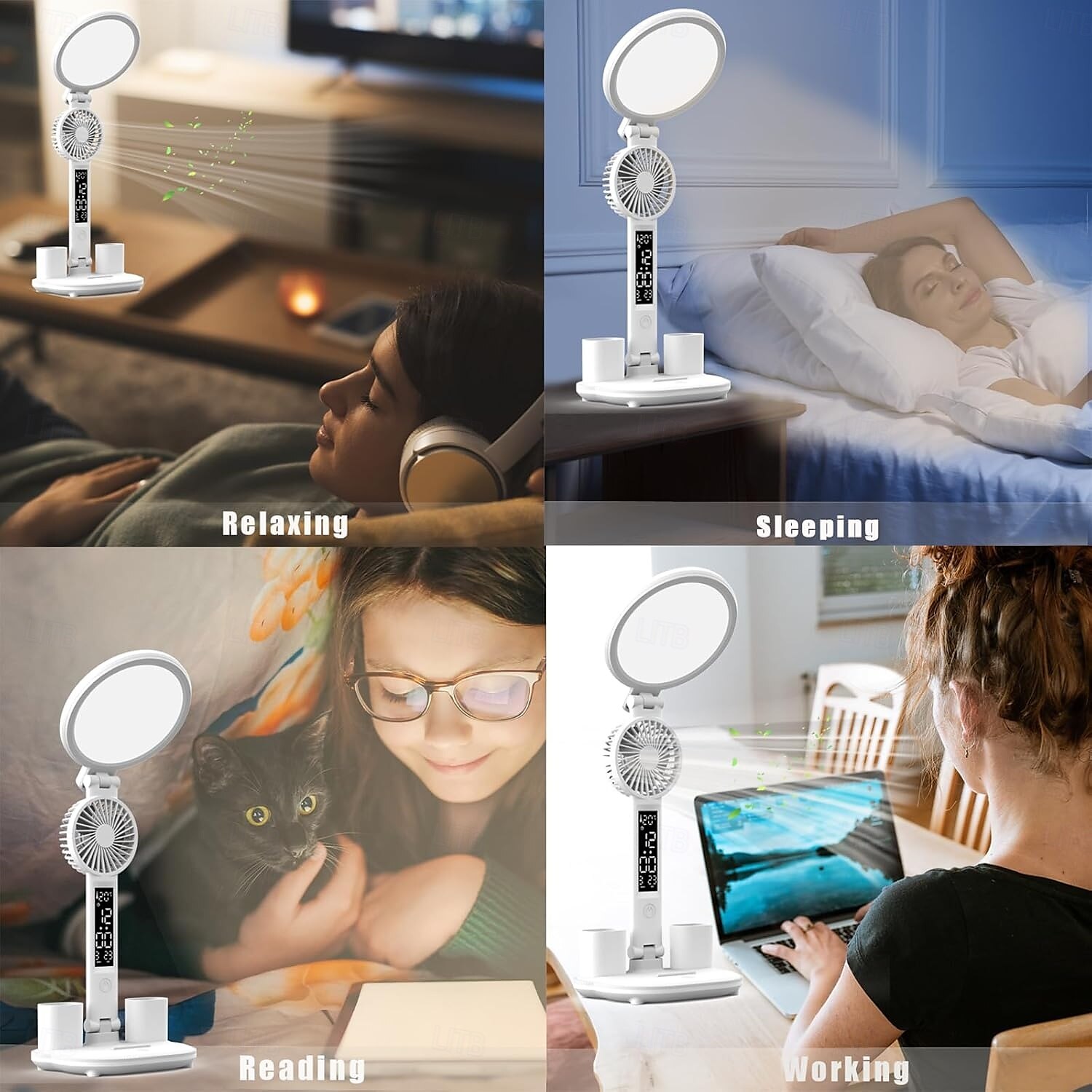 2025年 ファン付きLEDデスクランプ、大学寮の部屋用デスクランプ、3色温度、USB充電ポート、時計日付ペンケース付き調節可能な折りたたみ式デスクライト、ホームオフィス用温度ランプ  コレクション – $20.99 –P1