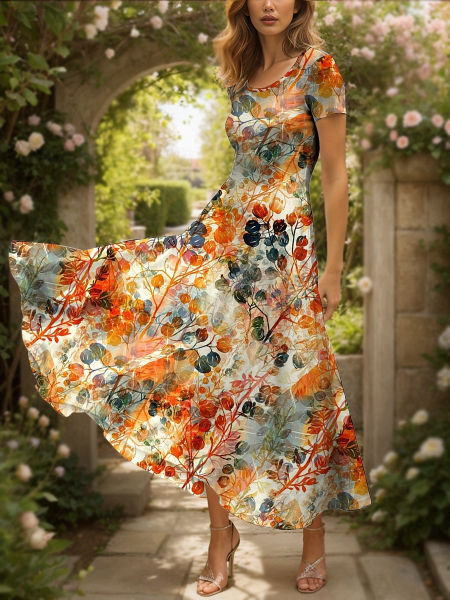 Damen Maxikleid Freizeitkleid A Linie Kleid Sommerkleid Elegant Urlaub Lässig Normale Passform Grafik Blatt Kurzarm Quadrathals Rundausschnitt Gelb Rote Blau Purpur Sommer 2025 - $30.99 –P1