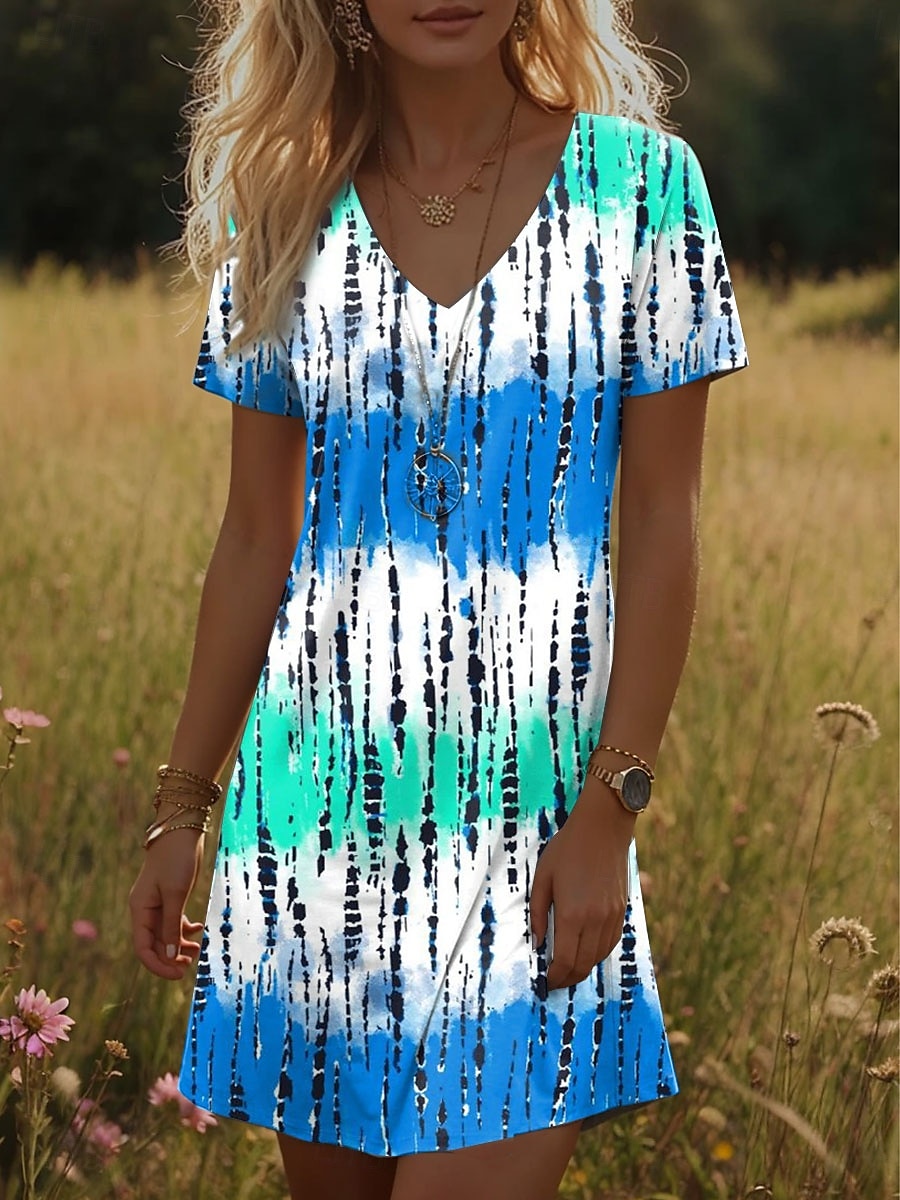 Dame Mini kjole T skjortekjole Solkjole Sommerkjole Ferie Fritid Bohem Daglig Ut på byen Normal Nyanse Grafisk Kortermet V-hals Blå Sommer 2025 - $23.99 –P1