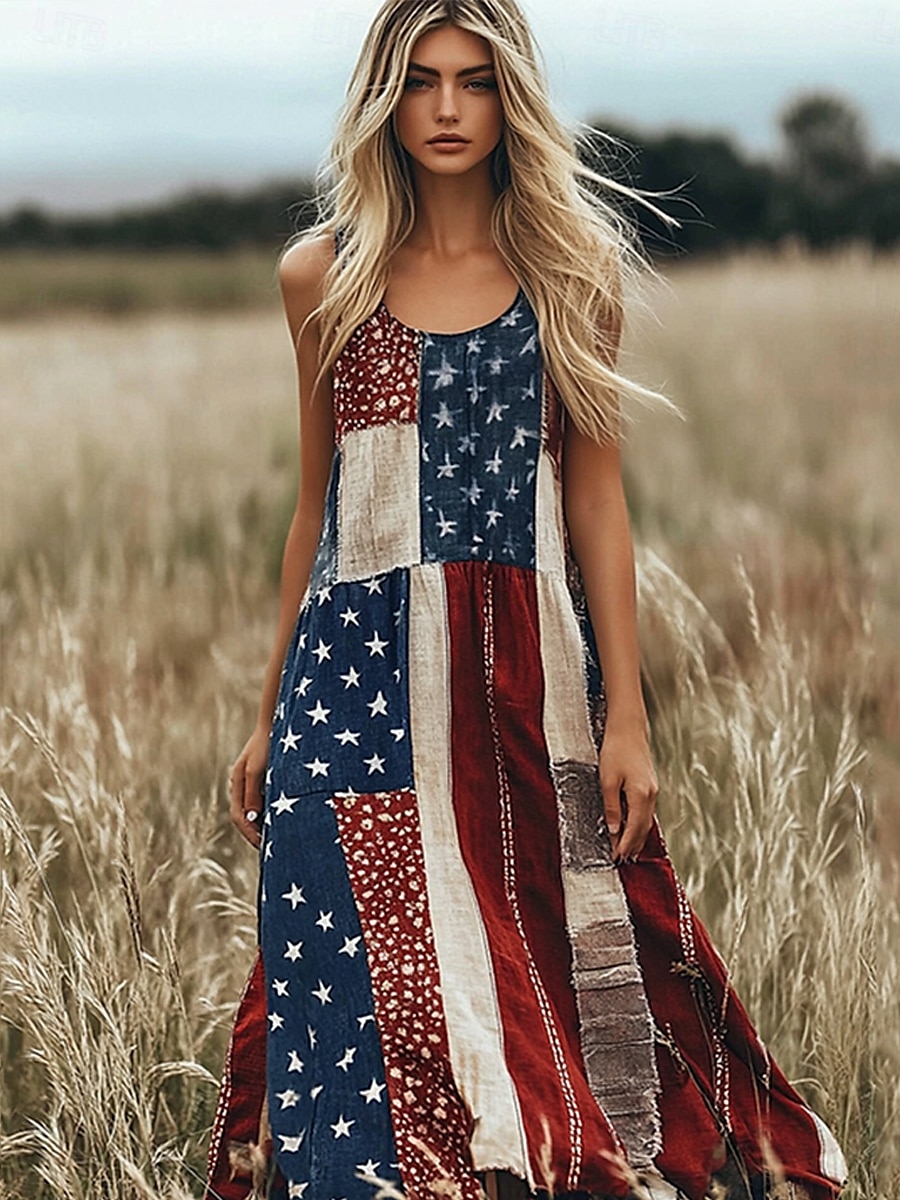 Robe maxi patriote pour femmes robe en A robe hors épaules vacances décontractée fête rue coupe regular graphique drapeau sans manches col carré col rond rouge bleu de 2025 ? $25.99 –P4