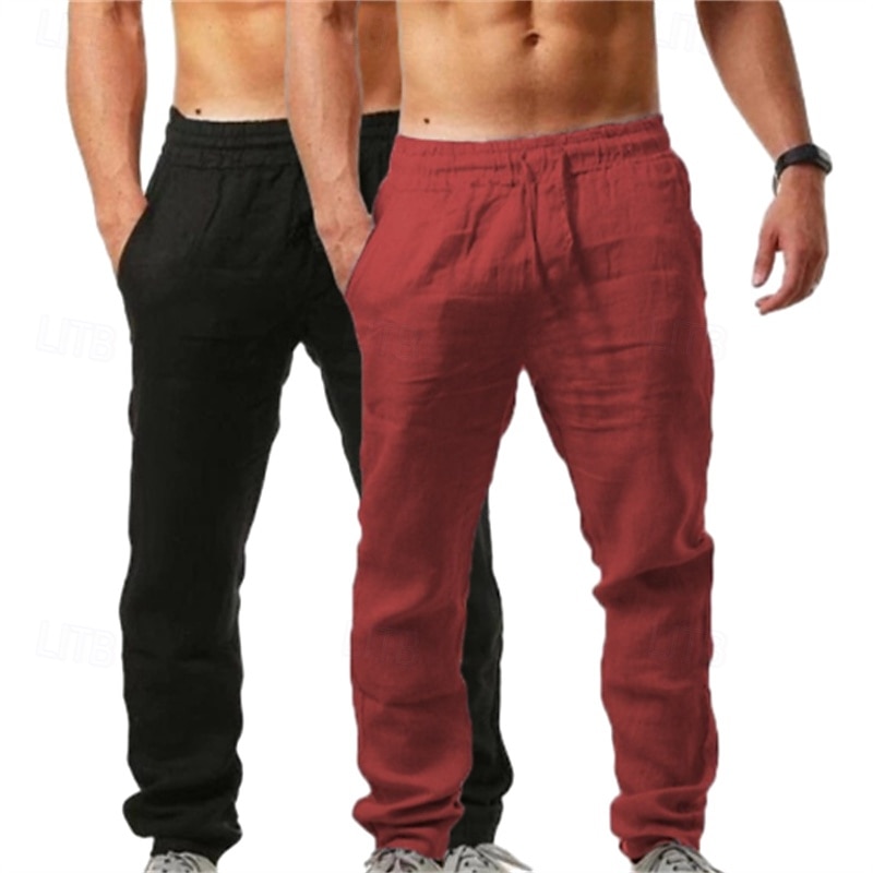 Pacote com 2 calças de linho masculinas, calças de verão, calças largas, calças de praia, cordão, cintura elástica, lisas, confortáveis, respiráveis, comprimento total, uso ao ar livre, diário, moda de férias, estilo clássico, branco + azul celeste de 2025 por $29.99 –P3