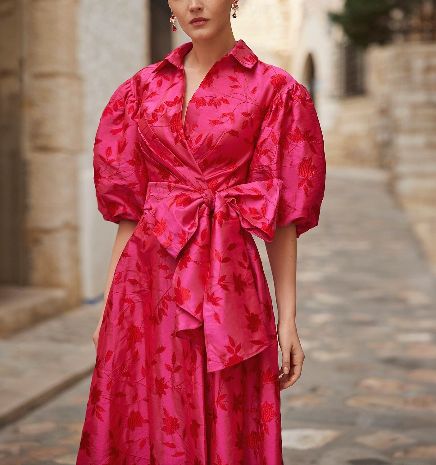 A-Line Cocktail Dresses Elegant Dress Formal Wedding Floor Length 3/4 Length Sleeve Shirt Collar Pocket Satin with Floral Print Bow(s) Slit Wedding Guest Dress 2025 2025 - $157.99 –P3
