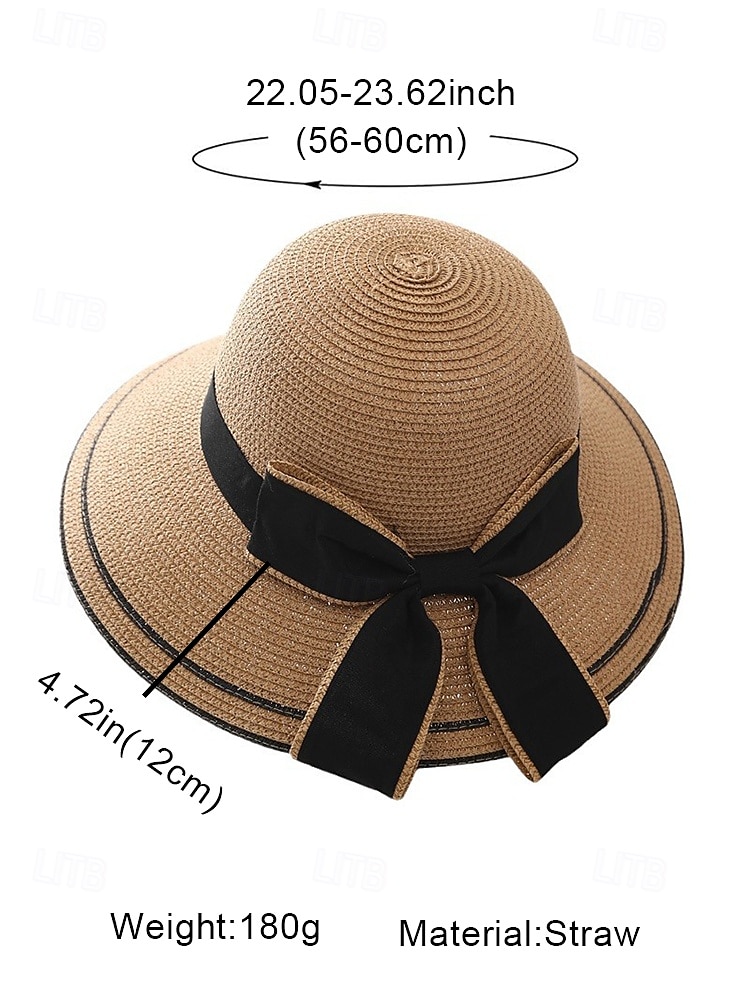 Dames strik strohoed - opvouwbaar voor gemakkelijk dragen, stijlvolle zonnehoed met zwarte lintdetails, perfect voor het strand, vakantie en zomerse buitenactiviteiten 2025 - $11.99 –P9