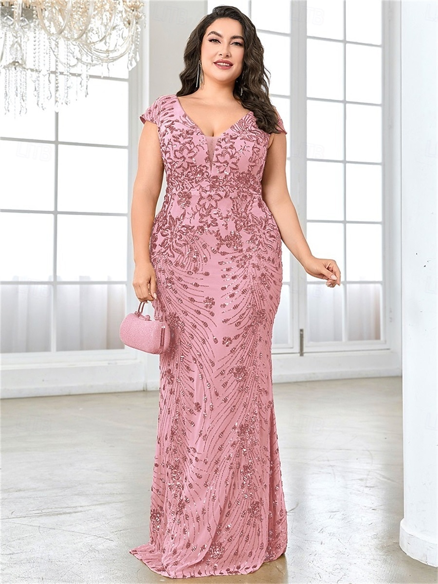 Mermaid / Trumpet Plus Size Dresses Elegant Curve Dress Formal Wedding Floor Length Short Sleeve V Neck Lace Backless with Sequin 2025 - $159.99 –P13