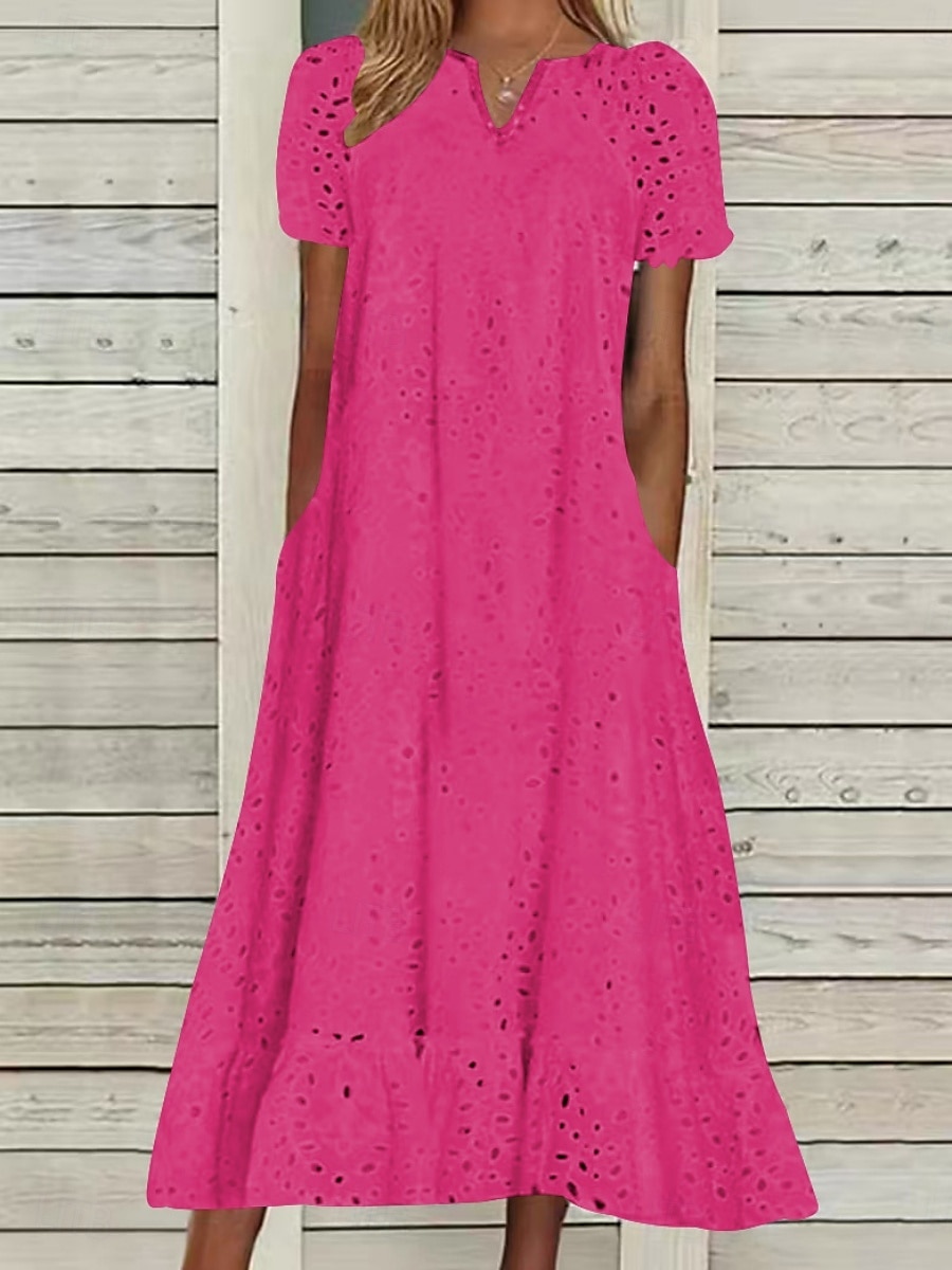 Femmes Robe Midi Robe trapèze Robe d'été Occasionnel Quotidien Coupe régulière Uni Manche Courte Col en V Noir Blanche Fuchsia Été de 2025 ? $46.99 –P3