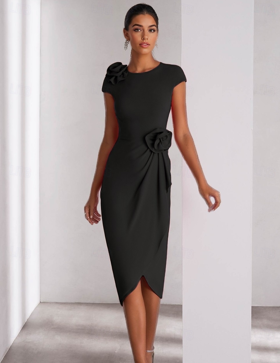 Abiti cocktail a colonna rosa eleganti formali per invitati a matrimoni lunghezza caviglia maniche corte scollatura a girocollo crepe elastico con fiore sulla spalla del 2025 a $129.99 –P5