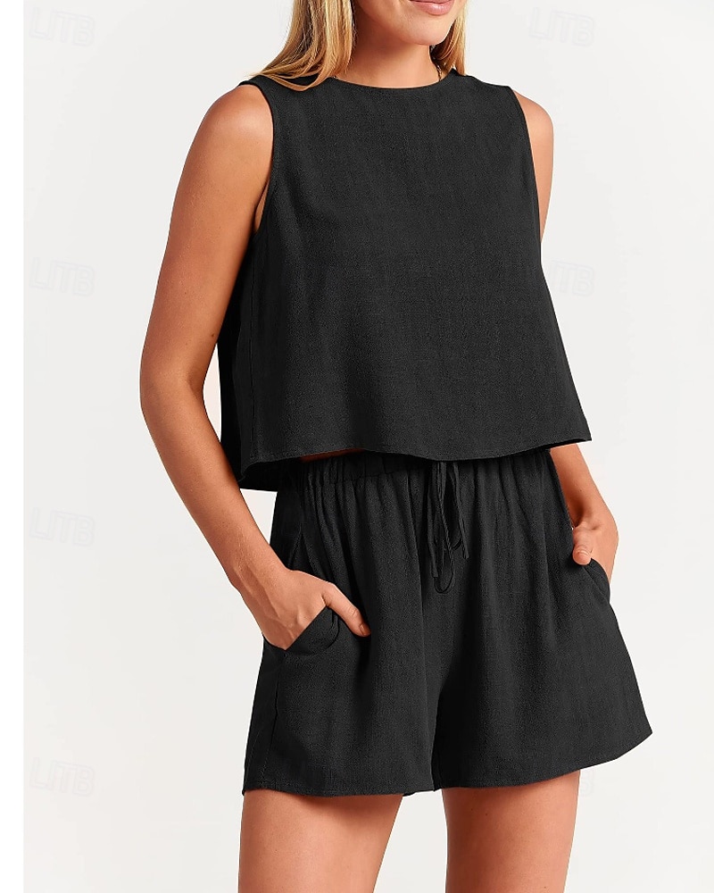 Damen Aktiv Basic Baumwoll-Leinen-Sets Bluse Shorts-Sets Ärmellos Rundhalsausschnitt Einfarbig Kordelzug Ausgehen Wochenende Schwarz Blau Orange Sommer Normale Passform 2025 - NZ $63.49 –P1