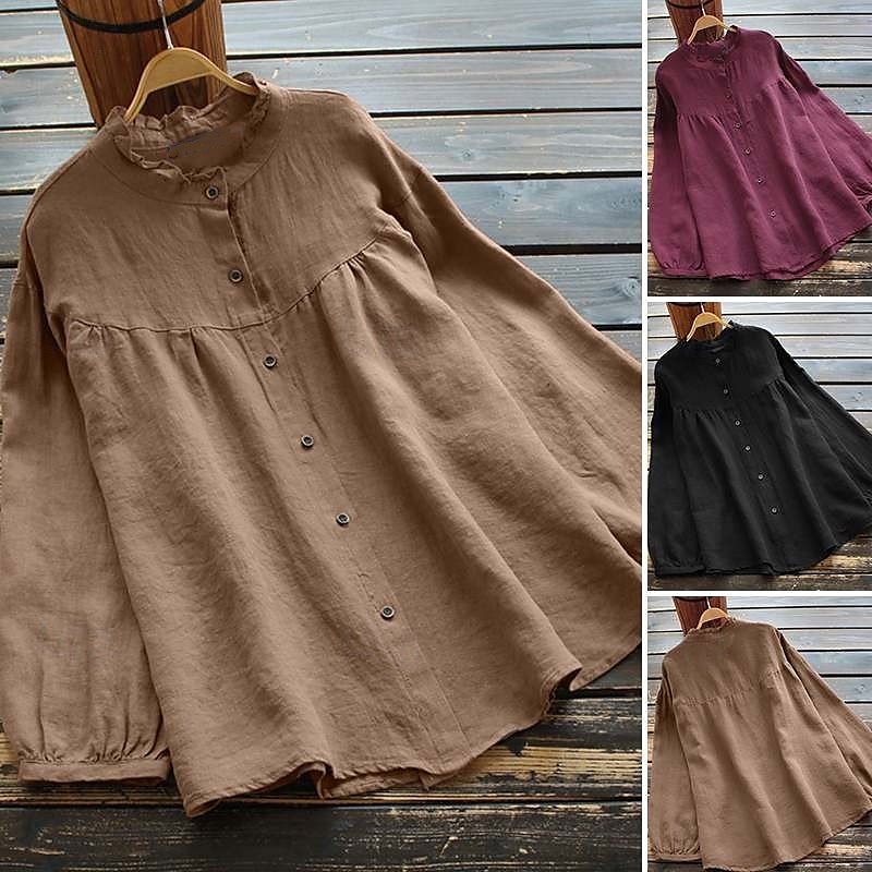 Neujahr Damen Elegante Oberteile Einfach Stilvoll Basic Modern Langarm Bischofsärmel Rundhalsausschnitt Normale Oberteile Arbeit Täglich Clubuniformen Gerafft Knöpfe Tunika Schwarz Purpur Khaki 2025 - $21.99 –P7