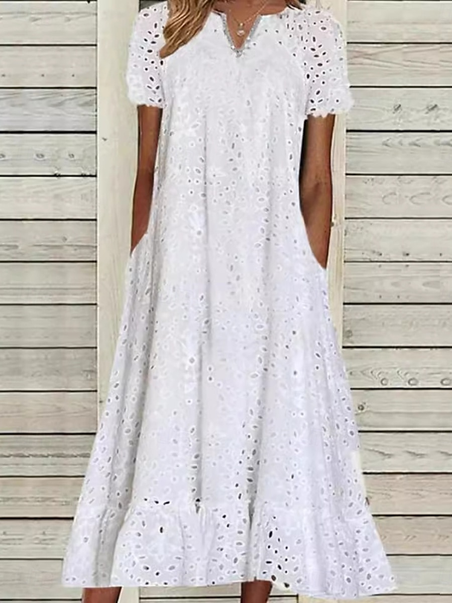 Femmes Robe Midi Robe trapèze Robe d'été Occasionnel Quotidien Coupe régulière Uni Manche Courte Col en V Noir Blanche Fuchsia Été de 2025 ? $46.99 –P1