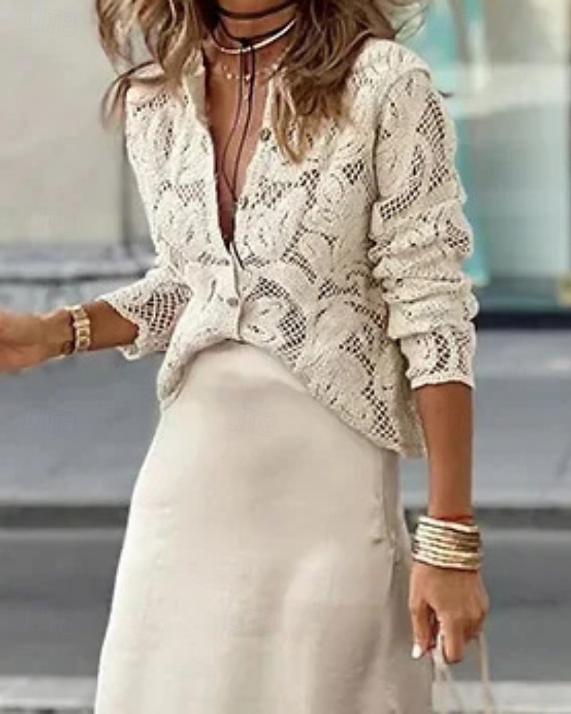 Women's Shirt Blouse Lace Plain Casual Long Sleeve Crew Neck Regular Tops Daily Going out White Summer 2026 - $34.99 –P6
