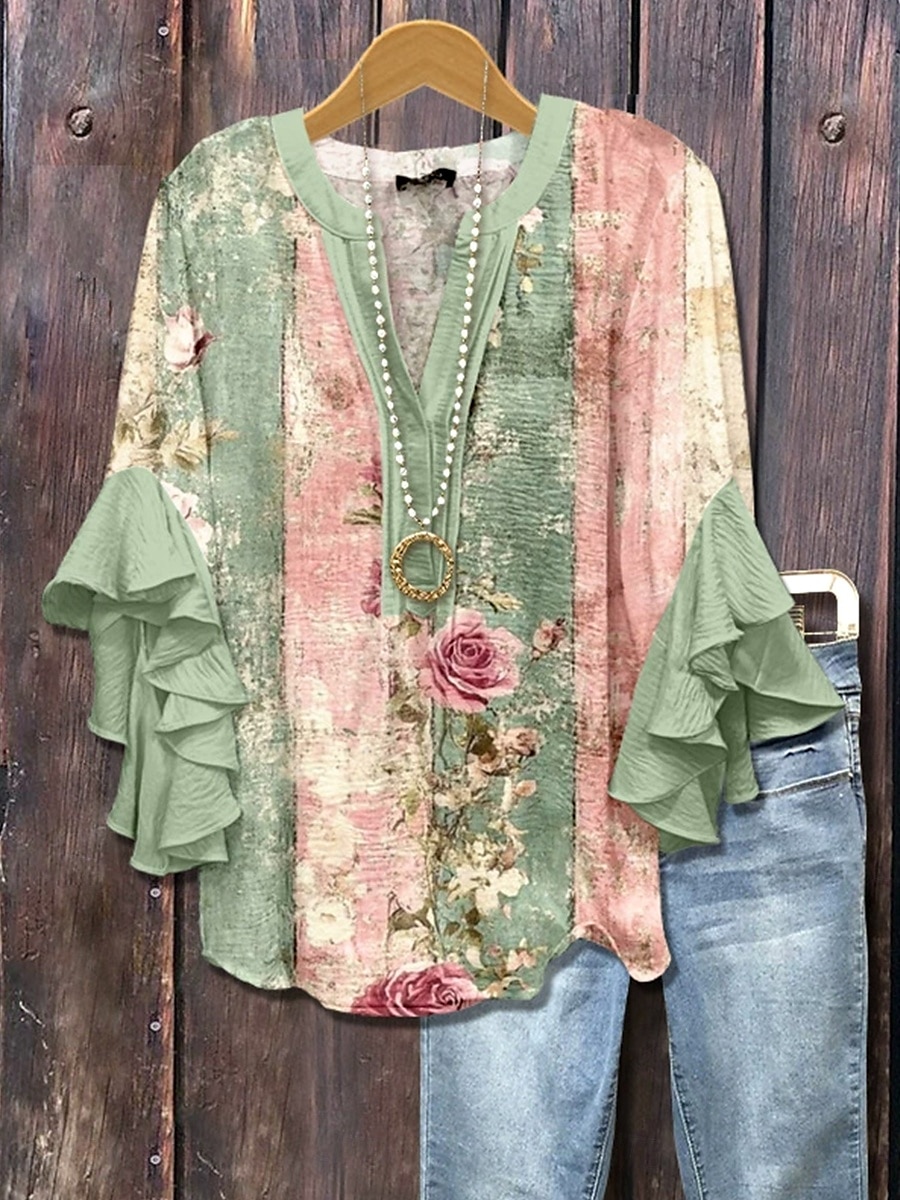Dames Blouse V Hals Bloem Grafisch Gestreept Elegant Bohemia Etnisch 3/4 Lengte Mouw Reguliere Tops Dagelijks Vakantie Kleding Rimpel Print Salie Groen Roze Paars Zomer Lente Herfst 2025 - $29.99 –P1