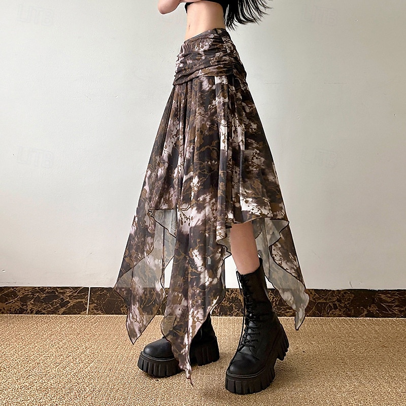 Damen Rock Mode Boho Midi Mittlere Hüfthöhe Röcke Blumen Unregelmäßiger Saum Druck Mikroelastisch Urlaub Straße Braun Sommer Polyester 2025 - $26.99 –P4