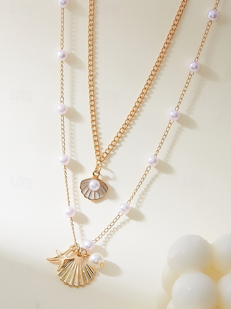 Women's Summer Beach Necklace with Pearl, Shell and Starfish Charms – Gold-Plated Layered Necklace for Vacation, Casual Outfits and Special Occasions 2025 - $11.99 –P7
