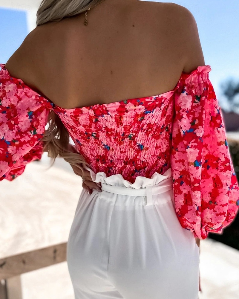 Damen Boho-Hemd Bluse Blume Modern Boho Langarm Schulterfrei Normale Oberteile Täglich Ausgehen Druck Erröten Sie Rosa Rosa Wein Rote Purpur Sommer 2025 - $21.99 –P14
